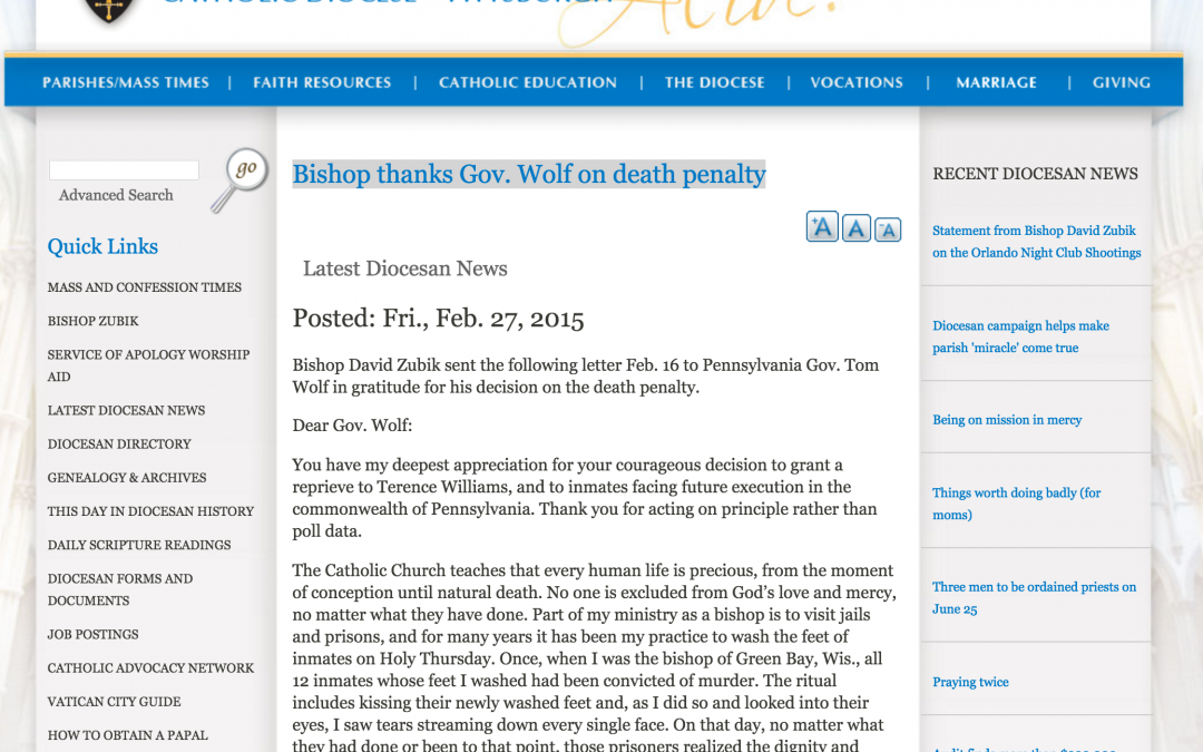 Bishop thanks Gov. Wolf on death penalty